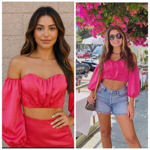 Express x LadyGang Pink Off Shoulder Puff Sleeve Crop Top M
